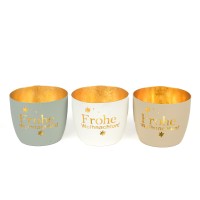 Metall-Windlicht Frohe , 10x8,5cm, 3 Farben sort, grau/sand/weiß Metall-Windlicht Frohe , 10x8,5cm, 3 Farben sort, grau/sand/weiß