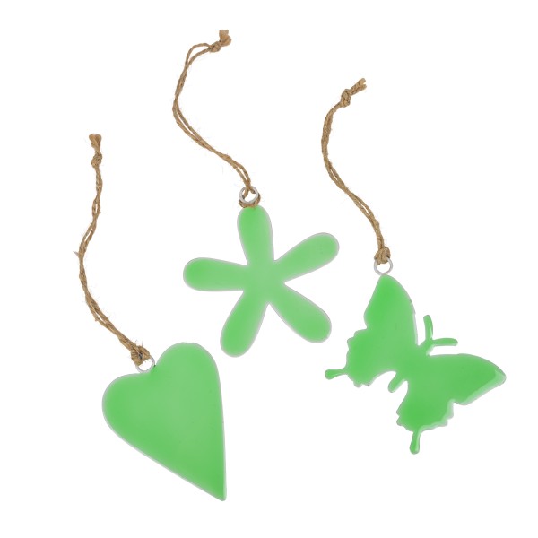Metall-Hänger,grün,3Formen sort. Blume,Herz,Schmetterling,ca.9cm