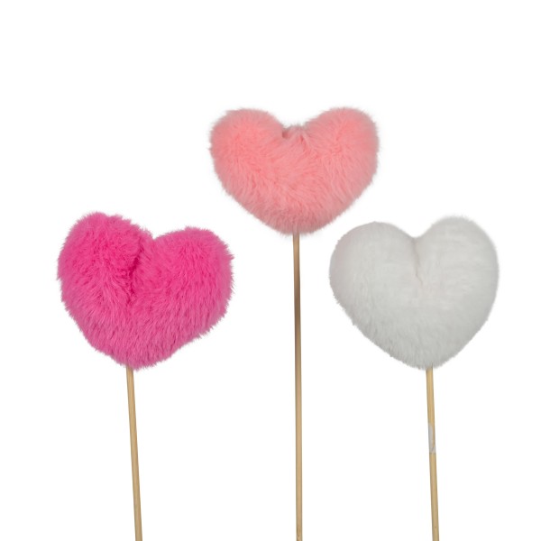 Plüschfell - Herz auf Holzstecker, weiß, rosa,pink sortiert 6x7,5cm, Stecker 35c
