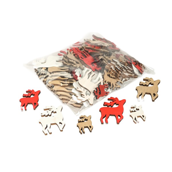 Holz-Hirsche flach, Gr 3/4/5cm sort, rot weiß&natur sort, 100 St im Beutel