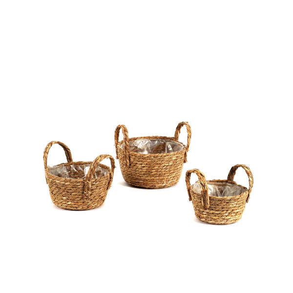Schilfgras Korb, Pflanzschale rund mit 2 Henkeln, Set/3, D16/18/21 cm