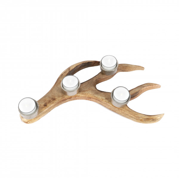 Teelichthalter Hirschgeweih x 4, Holz/Metall, 36x28x6 cm, natur