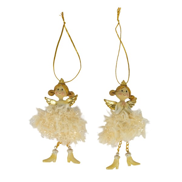 Poly Engel-Hänger Stella m Stoffkleid creme/gold, 2Mod sort, 5,5x5x12cm