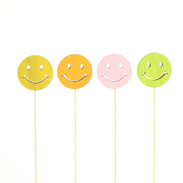 Holz-Stecker Smiley, 4 Farben sort, D5,5cm,L30cm, orange/gelb/grün/pink