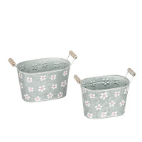 Zink-Jardiniere natur mit weiß/rosa Blüten, Holzgriff Zink-Jardiniere natur mit weiß/rosa Blüten, Holzgriff