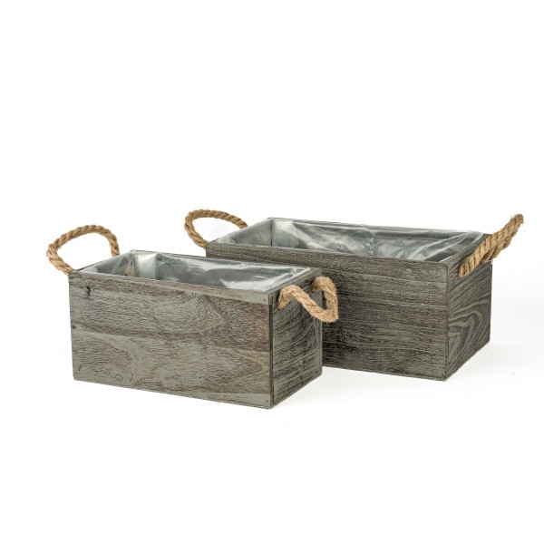 Holz Pflanzkasten rechteckig, Set/2 grau braun-antik, 24x13xh12/29x17xh13cm