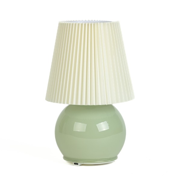 LED Tischlampe,15x23cm,weiß-grün, USB wiederaufladbar,Glasfuß+Plisseeschirm