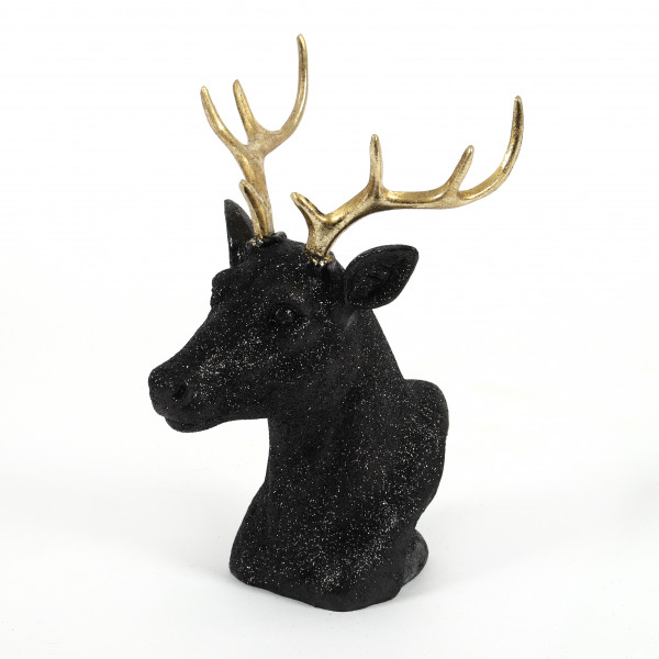 Poly Deko Hirsch-Kopf, stehend 16x13xh21cm,schwarz, goldenes Geweih