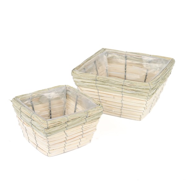 Holz-Span Korb, Schale quadra mit Natur- Rand, weiß antik S/2, 16xh12/22xh16cm