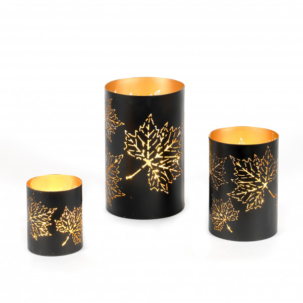 Windlicht Ranjid , Metall, Ahornblatt schwarz-gold