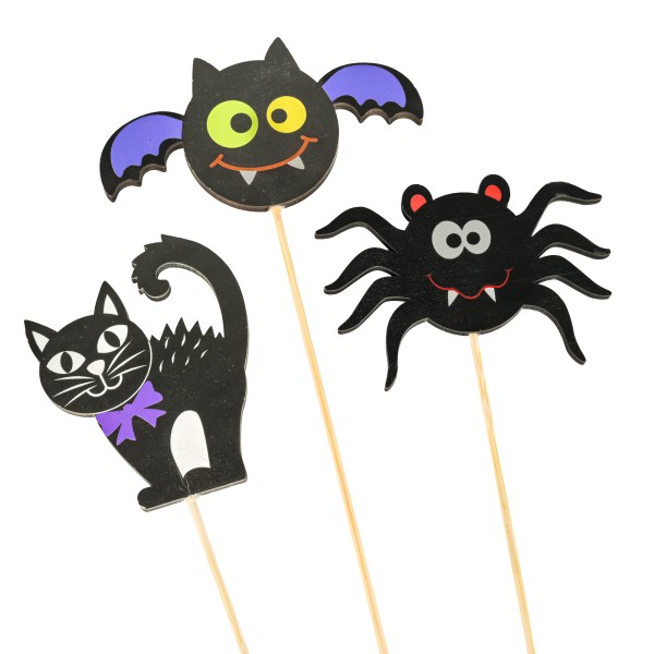 Holz-Stecker, Halloween cat/spider/bat 3 Mod sort, 7x8cm, Stecker 35 cm