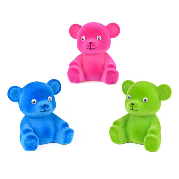 Bär, beflockt, sitzend, 3 Farben sort., 15cm, Kunststoff