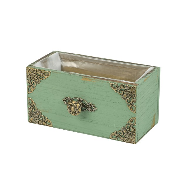 Holz Jardiniere 20x10xh10cm, grün antik mit Metallbeschlägen&Knauf