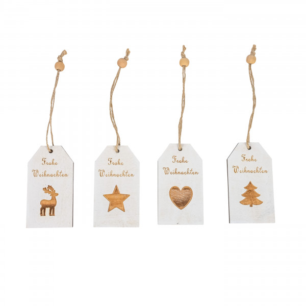 Hängeschildchen, Holz, 4 Motive Frohe Weihnachten , 5x9 cm creme-gold