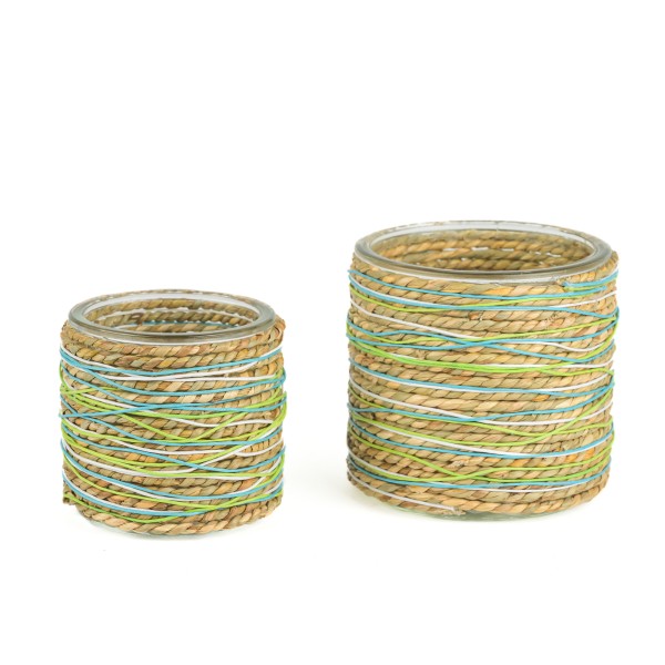 Glas-Topf mit Bast u Kordel umwickelt grün