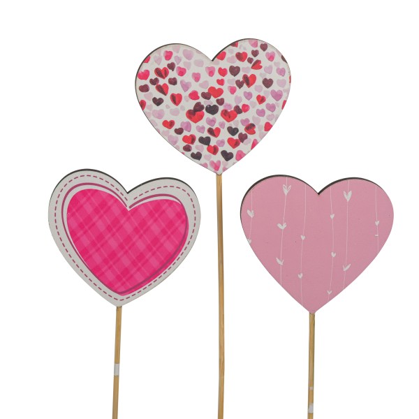 Holzstecker Herz, 3 Mod sortiert, rot/ rosa/weiß, 5,7x5cm Stecker 35 cm