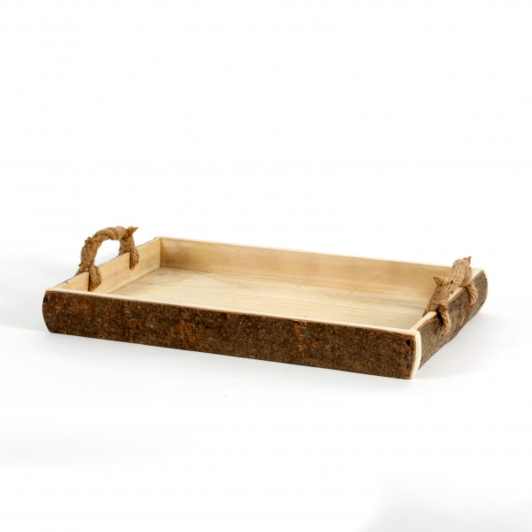 Holztablett rechteckig m.Rinde +Jutegriffen 60x40x7cm