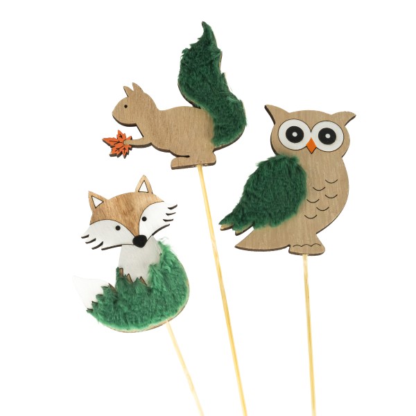 Holz-Stecker, Eichhörnchen,Fuchs,Eule mit Fell, 8x7cm, grün, Stecker 35cm