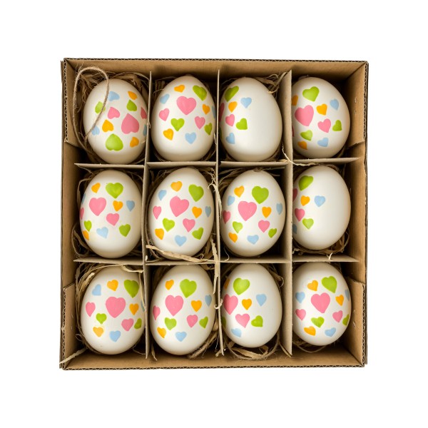 Hühnereier, Tray/12, zum hängen, mit Bunte Herzen