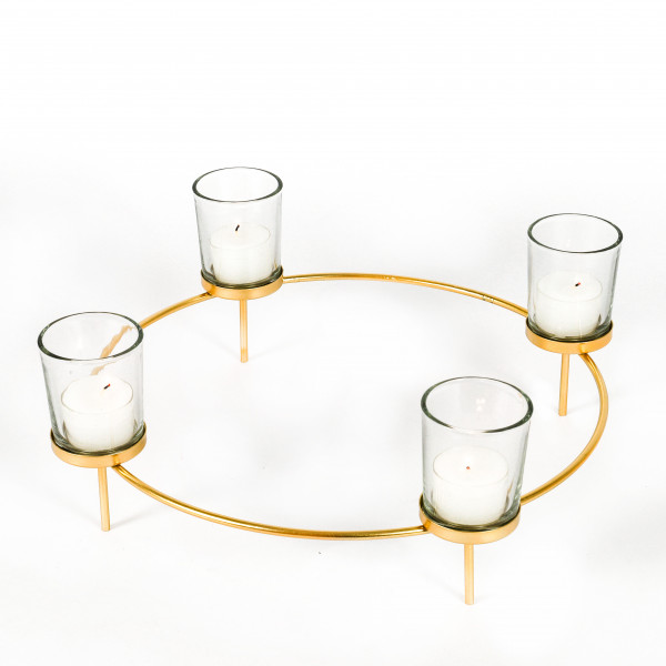 Teelichthalter-Kranz x 4, Metall, gold, incl. Glas, 30x30x12.5 cm
