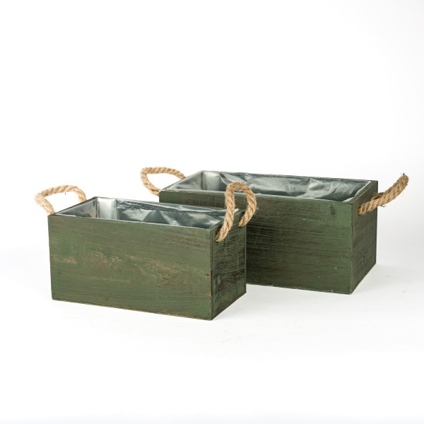 Holz Pflanzkasten rechteckig, Set/2 grün antik, 24x13xh12/29x17xh13cm