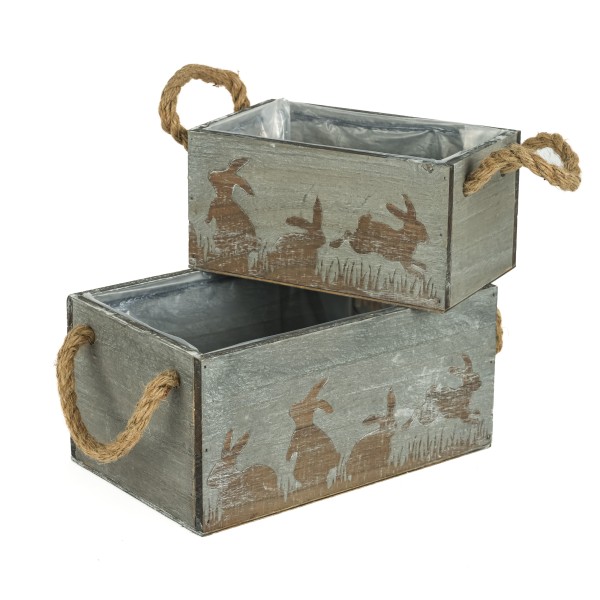 Holz-Pflanzkasten Hasen-Wiese Set/2 rechteckig, grau,20x12h10/25x16xh12cm