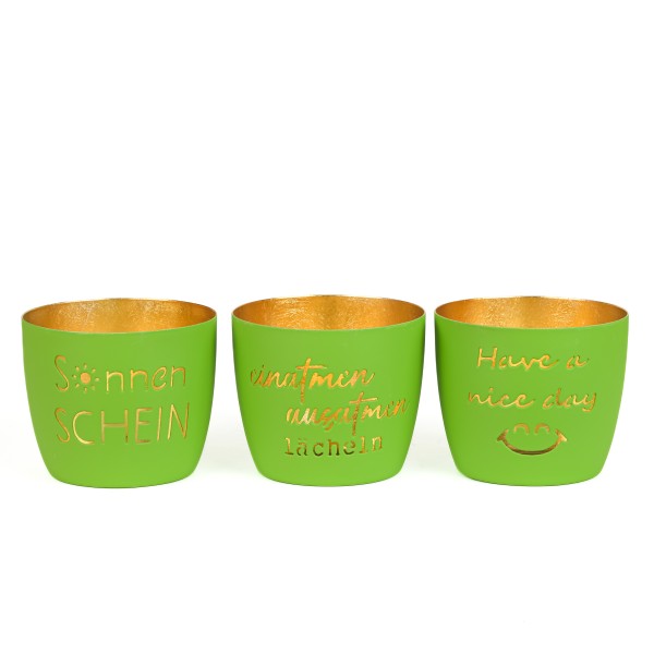 Metall-Windlicht mit Spruch, 10x8,5cm, 3 Sprüche sort, grün/gold