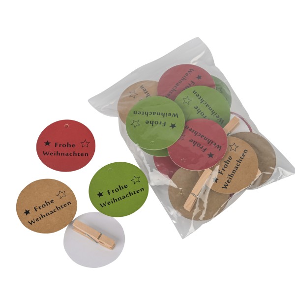 Geschenkanhänger Clip, 60mm, Btl/24 St. sort., Frohe Weihnachten