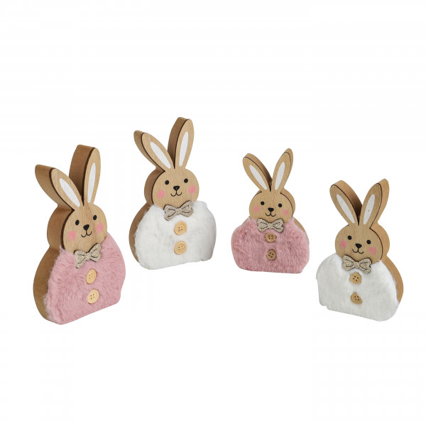 Hase, Holz, mit Plüsch, Fliege/Knöpfe 2 Farben sort.